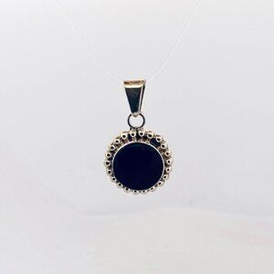 Estate 925 Sterling Silver Black Onyx Round Pendant Necklace Vintage Mexico